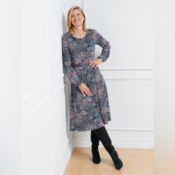 NWOT Talbots Bright Paisley Smocked Fit & Flare Dress Size Large Petite LP $169 - Picture 2 of 7